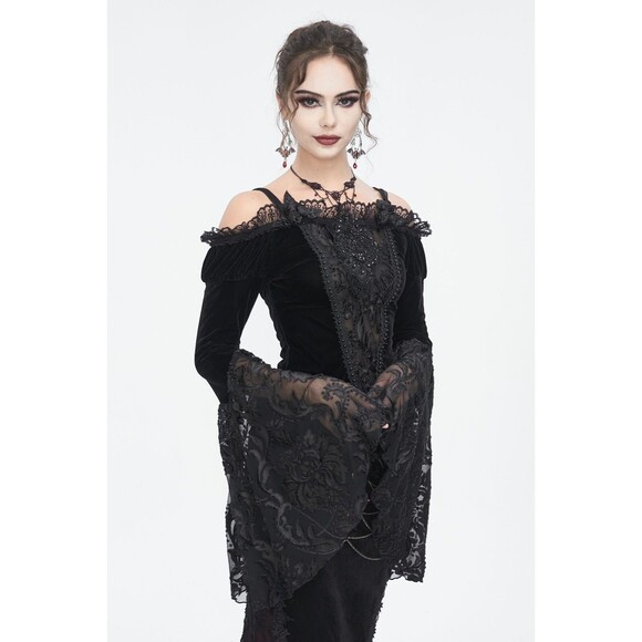 Devil Fashion Gothic Victorian Vampire Black Velvet Beaded Rose & Lace Top S - Picture 12 of 16
